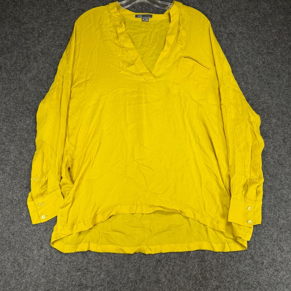 Vince Top‎ Womens Sz M Yellow 100% Silk Collar Tunic Pullover V-Neck Relaxed